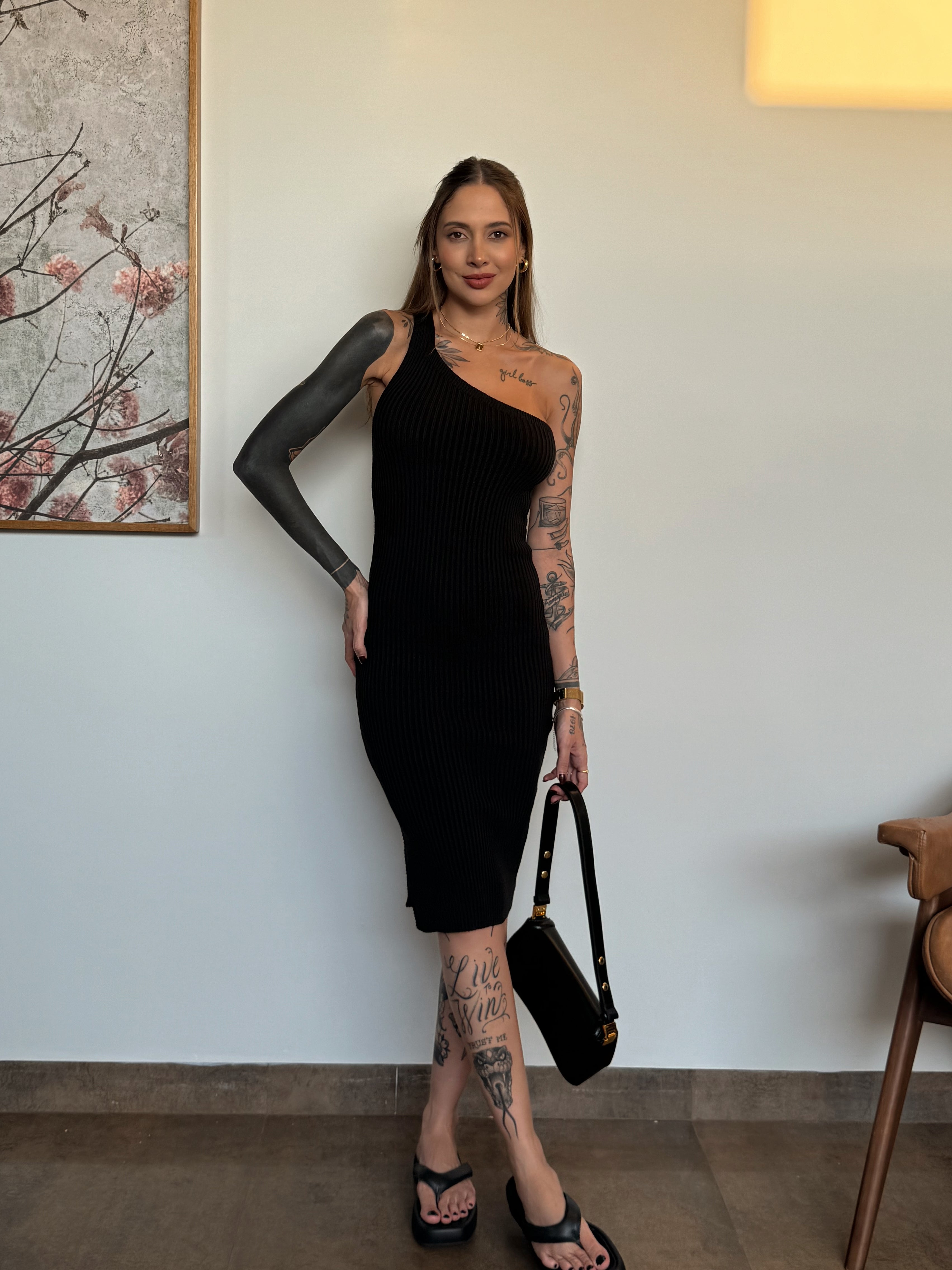 Vestido Tricot Midi Um Ombro Só