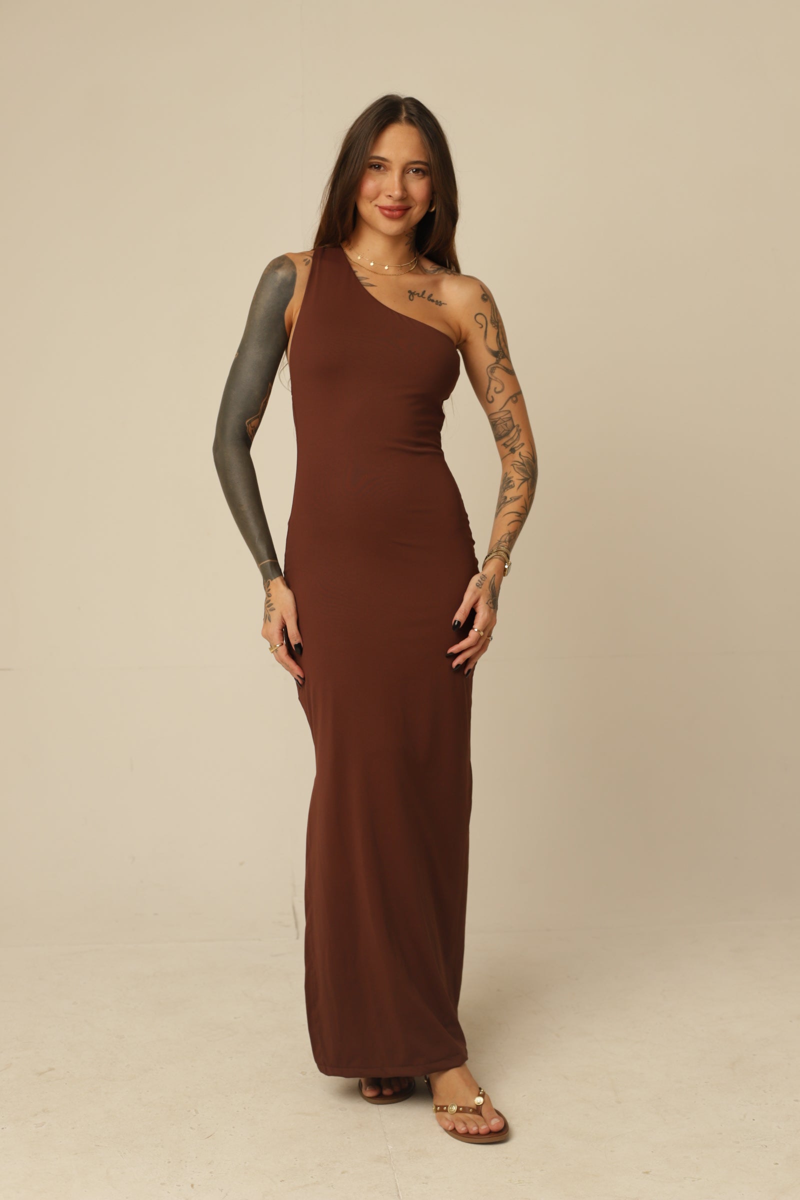 Vestido em Poliamida - Decote Assimétrico