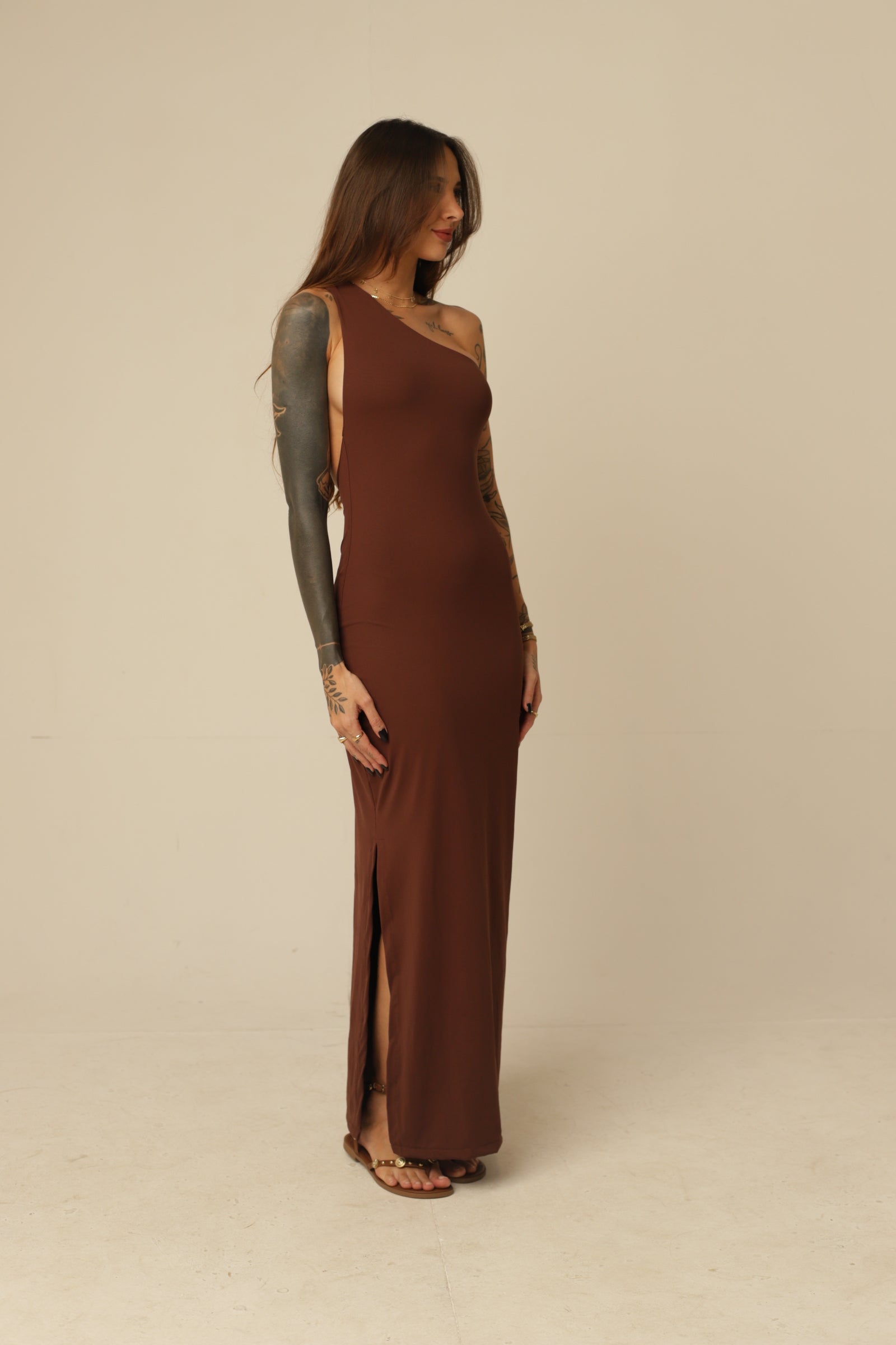 Vestido em Poliamida - Decote Assimétrico