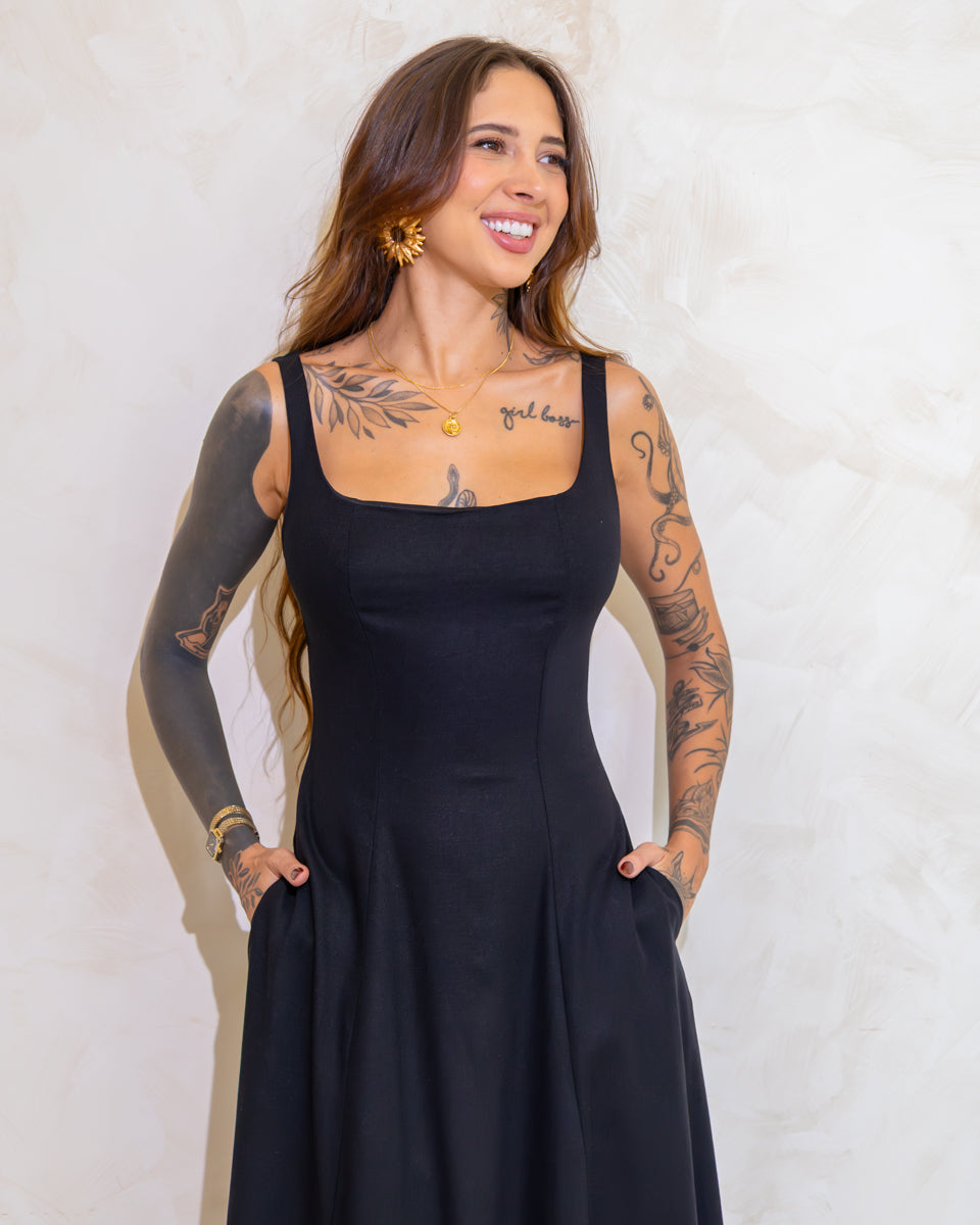 Vestido Boho em Linho Solis - Bolsos