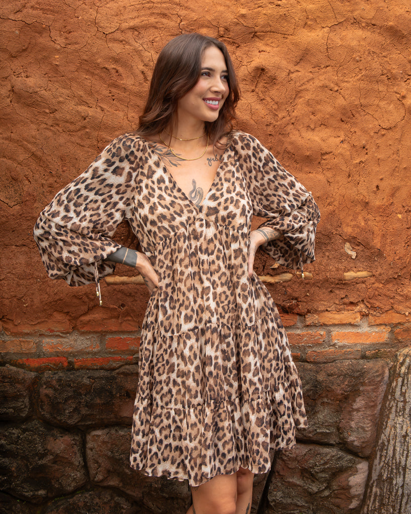 Vestido Curto Boho Animal Print - Musseline Toque de Seda