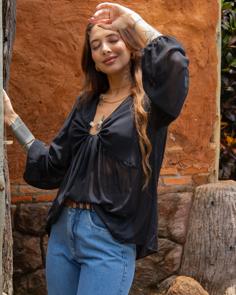 Blusa I Bata Boho Chiffon - Detalhe em Pedraria