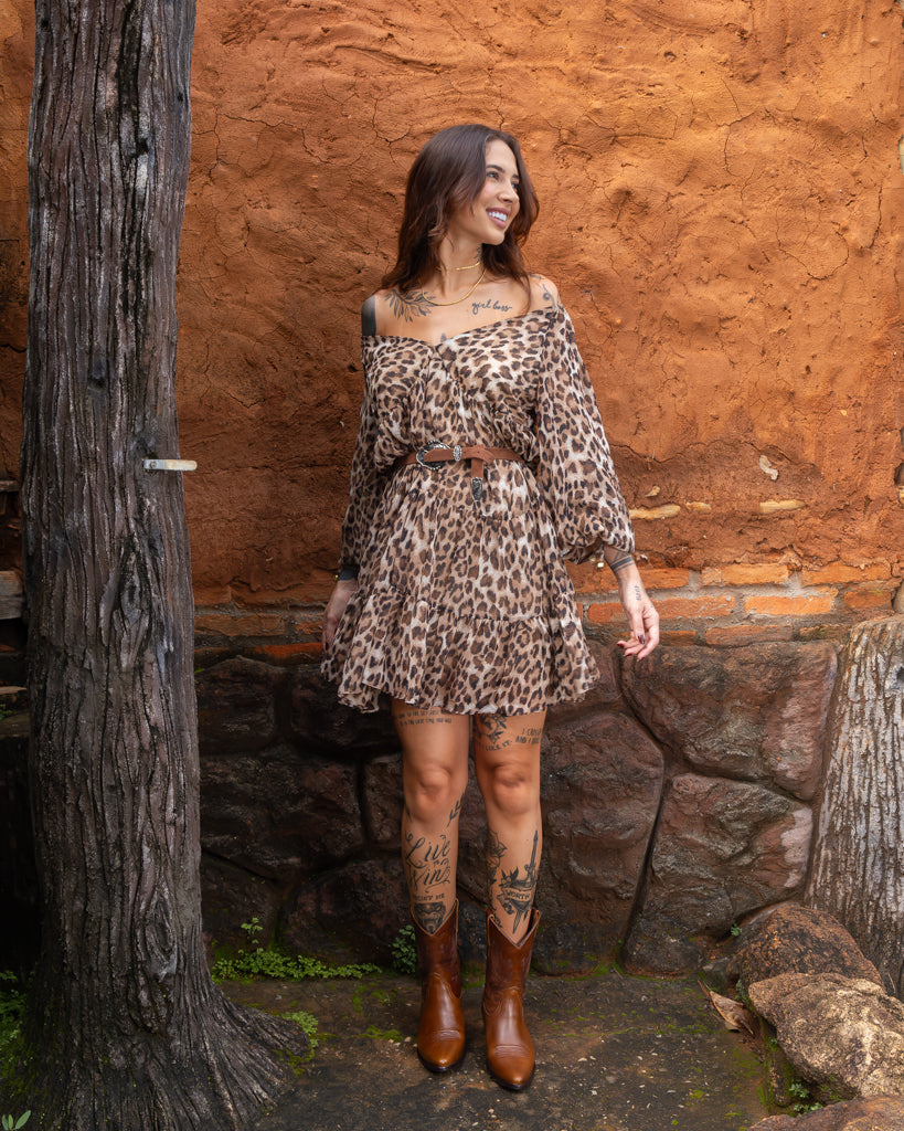 Vestido Curto Boho Animal Print - Musseline Toque de Seda