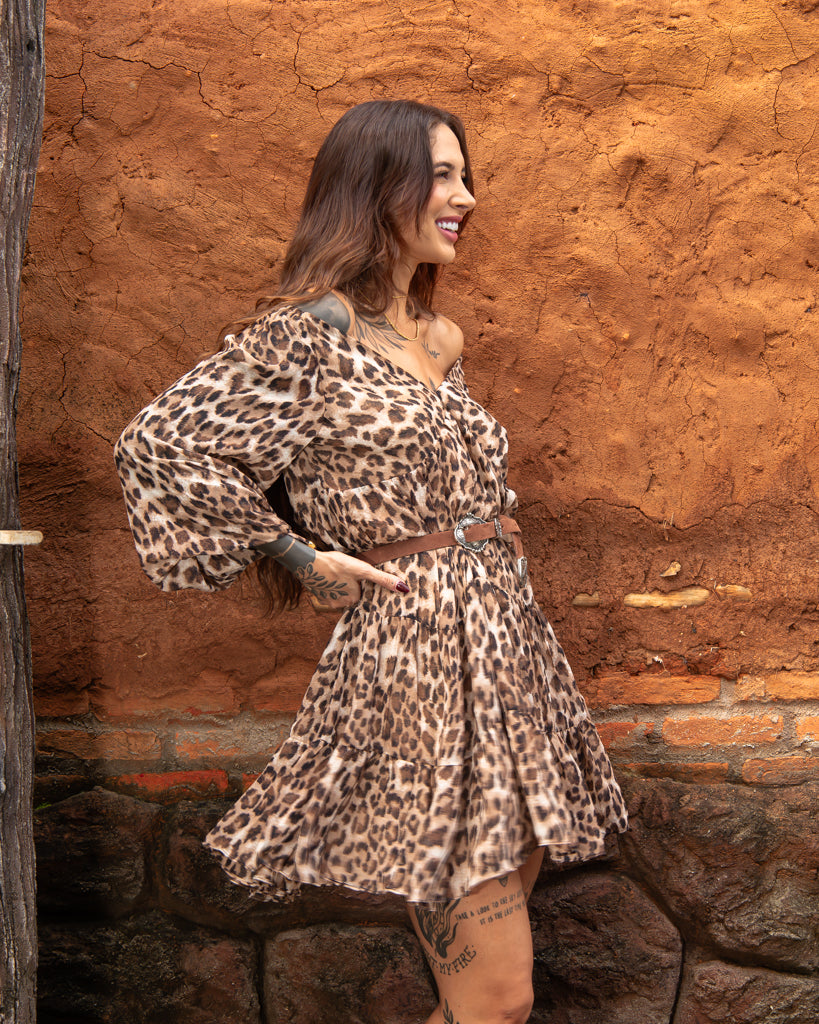 Vestido Curto Boho Animal Print - Musseline Toque de Seda