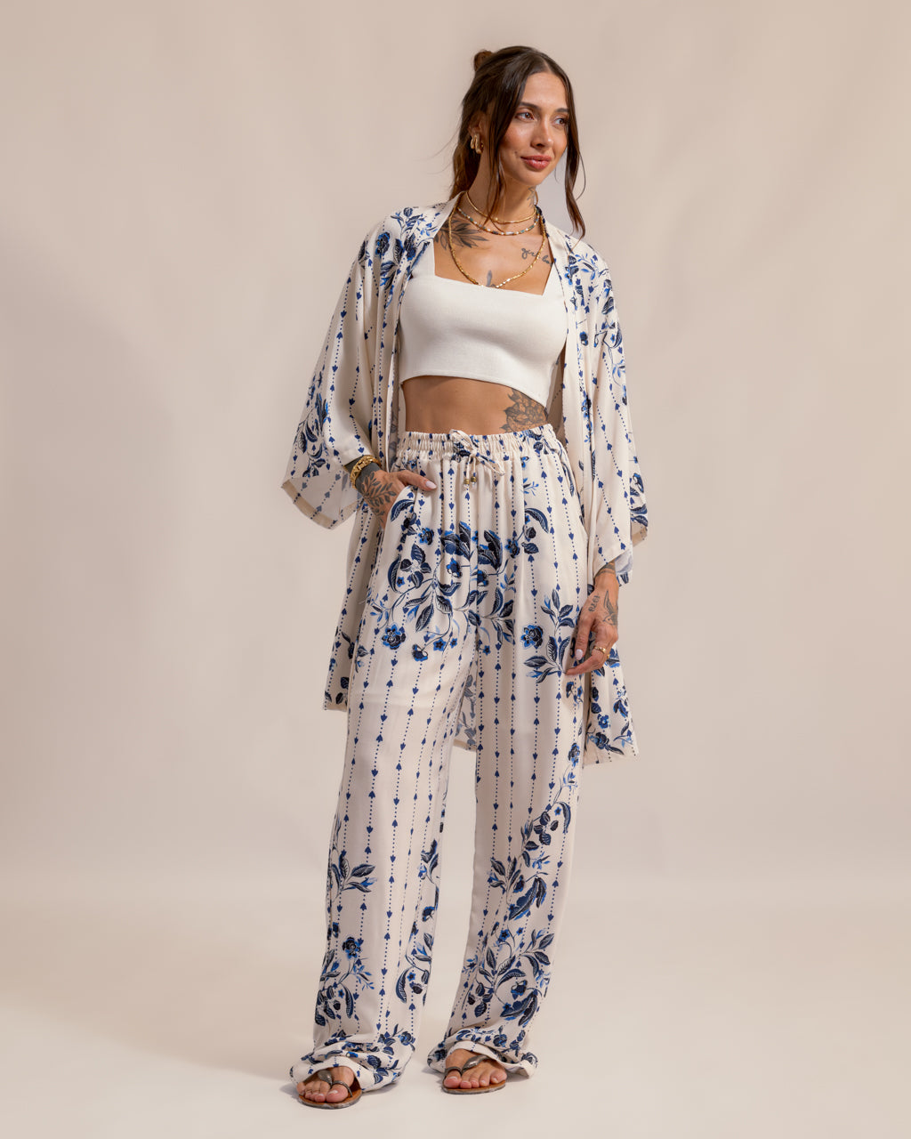 Calça Pantalona Estampa Jardim Atenas