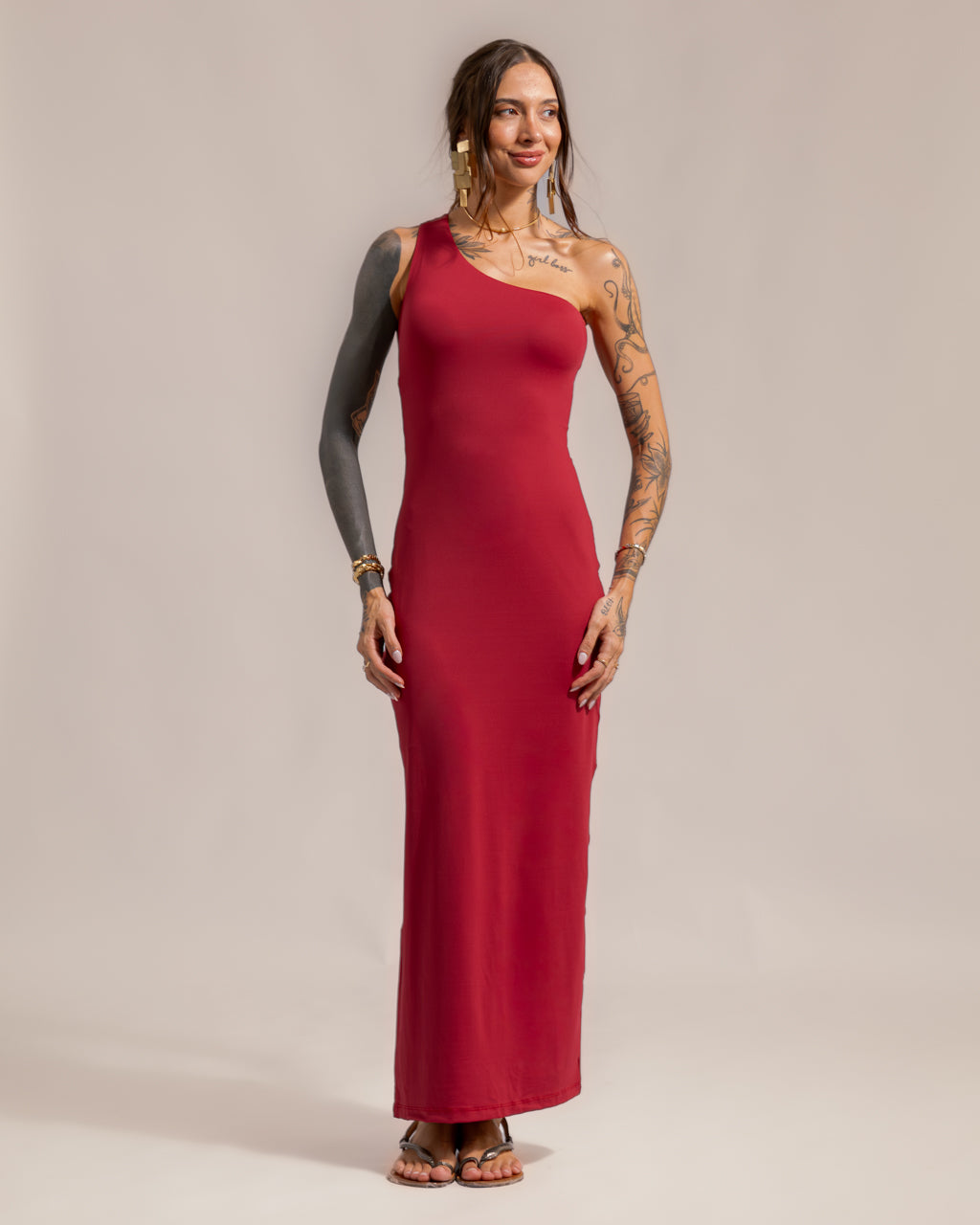 Vestido Poliamida Decote Assimétrico