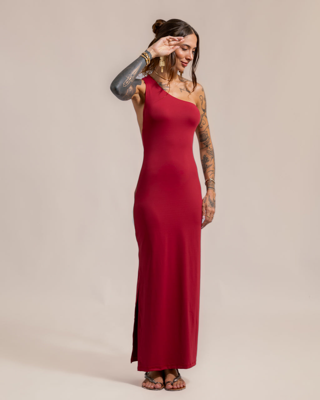 Vestido Poliamida Decote Assimétrico