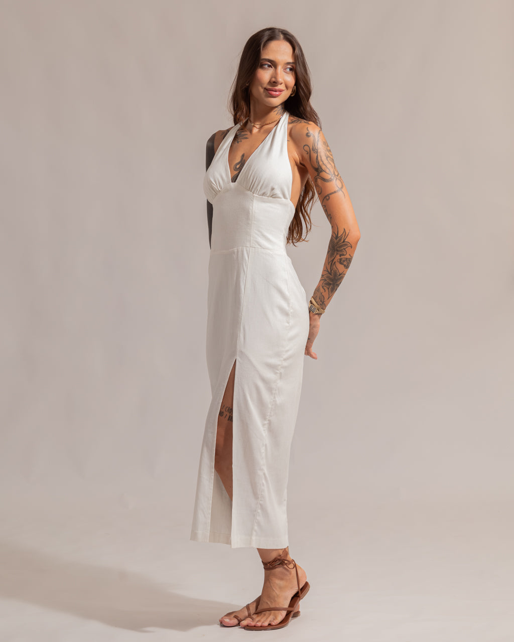 Vestido Midi em Linho - Frente Única e Fenda – Eliefe
