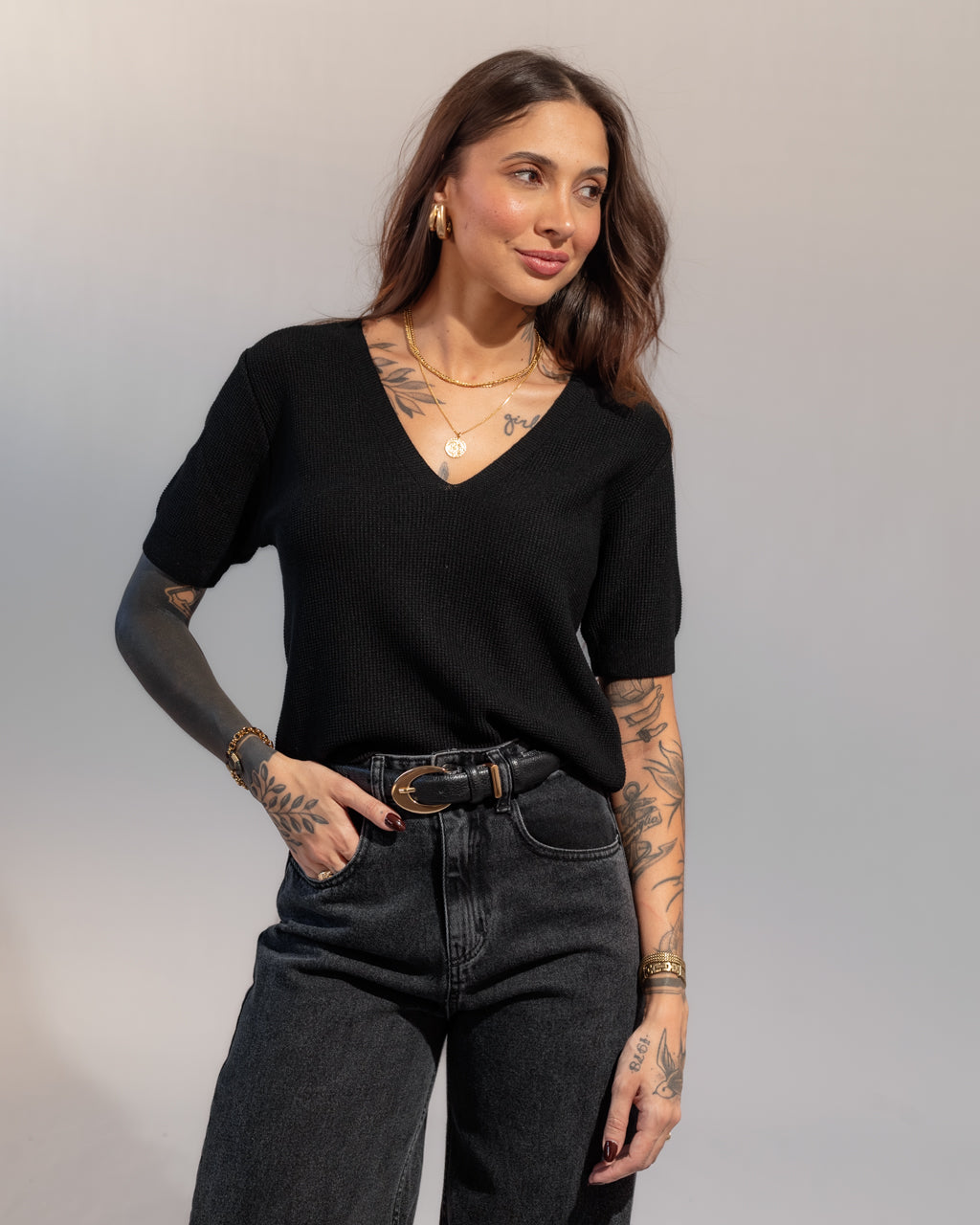 Blusa Basic Manguinha em Tricot Texturizado