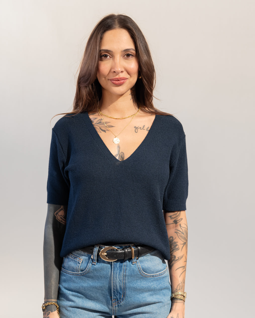 Blusa Basic Manguinha em Tricot Texturizado