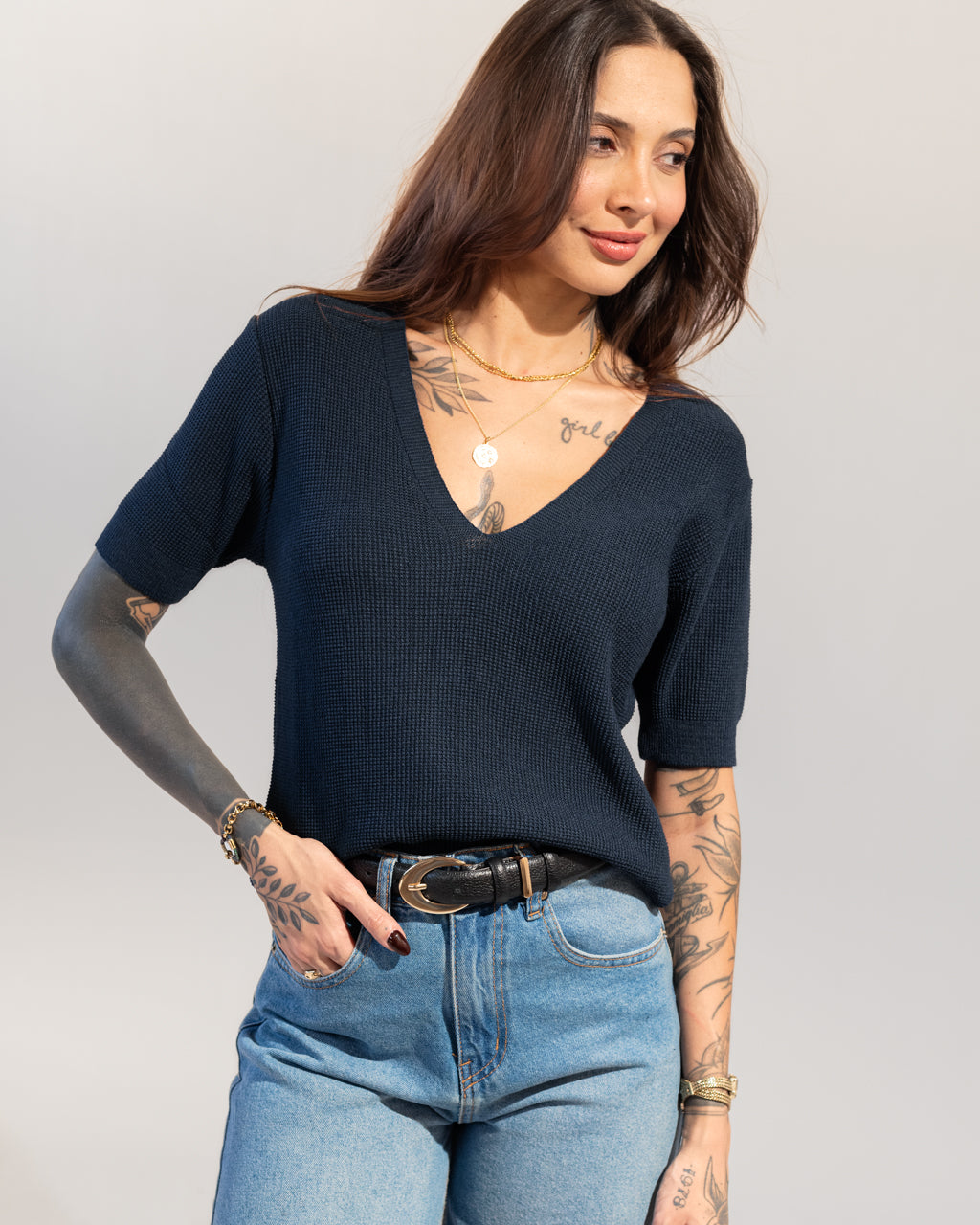 Blusa Basic Manguinha em Tricot Texturizado