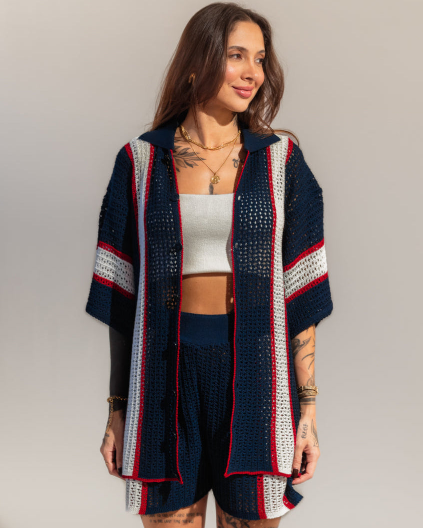 Conjunto Tricot Listrado Navy - Short + Camisa