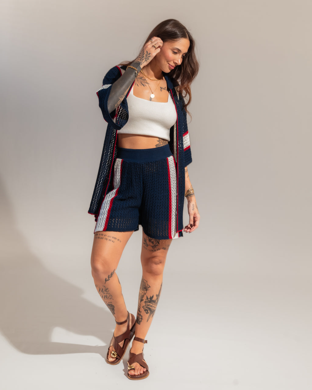 Conjunto Tricot Listrado Navy - Short + Camisa
