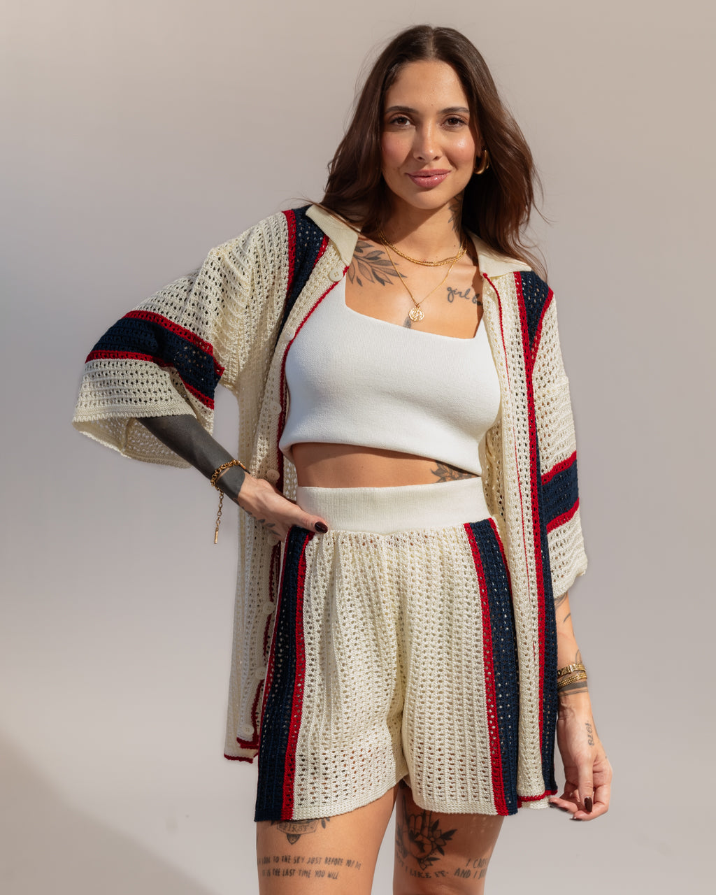 Conjunto Tricot Listrado Navy - Short + Camisa