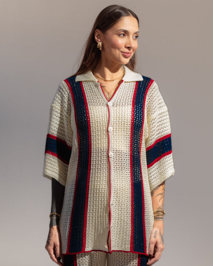 Conjunto Tricot Listrado Navy - Short + Camisa